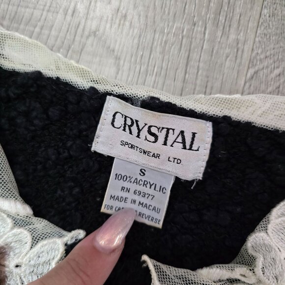 Vintage Crystal Sportswear Ltd Black Cardigan With Lace Collar Size S - Picture 3 of 6